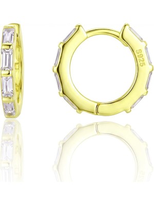 Söğütlü Silver 925 Ayar Gümüş Altın Kaplama Işıltılı Sıra Baget Kesim Zirkon Taşlı Halka Küpe - Zirkon Huggie Kadın Küpe SGTL13497GOLD