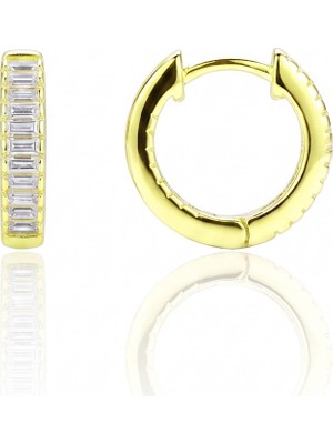 Söğütlü Silver 925 Ayar Gümüş Altın Kaplama Içi Dışı Baget Kesim Taşlı Halka Küpe - Zirkon Huggie Kadın Küpe SGTL13491GOLD