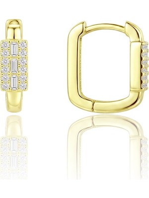Söğütlü Silver 925 Ayar Gümüş Altın Kaplama Işıltılı Baget Taşlı Dikdörtgen Küpe - Köşeli Zirkon Huggie Kadın Küpe SGTL13499GOLD