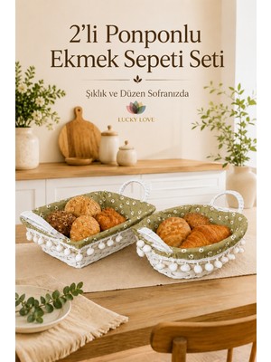 Lucky Love 2'li Ponponlu Ekmek Sepeti Seti Oval ve Dikdörtgen Çıkarılabilir Kumaş Astarlı Hasır Servis Sepeti