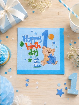 Parti Adresi 1 Yaş Peçete Happy Birthday Yazılı Erkek Çocuk Peçete Mavi