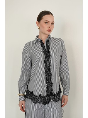 Very Moda Dantel Detaylı Çizgili Gömlek - | F2082