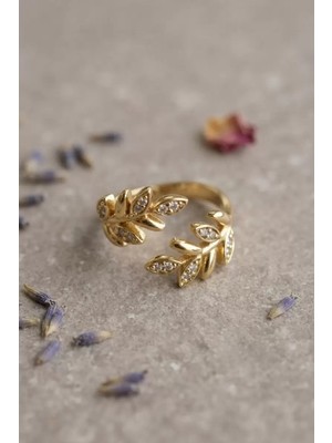 Renas Store Gold Renk Zeytin Dalı Yaprak Desenli Ayarlanabilir Zirkon Taşlı Kadın Yüzük TJ-BYK4215
