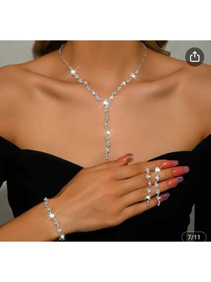 Empressco Gelin Aksusear Gümüş Kaplama Su Yolu Y Kolye Küpe ve Bileklik Seti 3,lü Set Davet Düğün Nişan Abiye