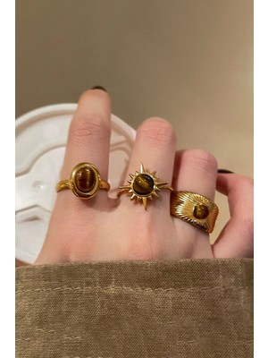 Empressco 3'lü Kombin Kahverengi Taşlı Gold Vintage Ayarlanabilir Yüzük Set