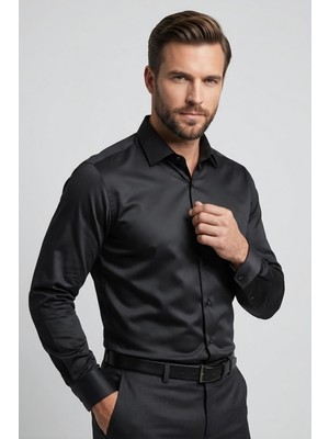 Torivalli Collection Dar Kesim Slimfit Saten Kolay Ütülenebilen Mevsimlik Cepsiz Uzun Kollu Kol Düğmesi Takılabilen Erkek Gömlek