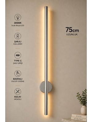 Empressco Patoğlu Aydınlatma 75 cm Krom Şarjlı LED Duvar Apliği Type-C Soketli 3000K