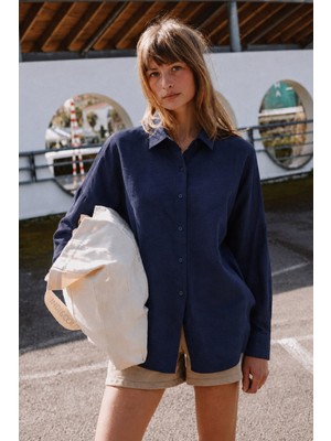 Madmext Lacivert Uzun Kollu Oversize Gömlek MG2003