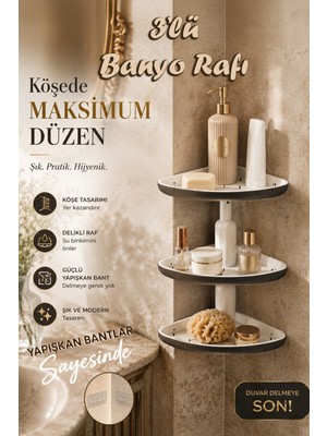 Porsima 0447 3'lü Istiridye Banyo Köşe Rafı Antrasit Yapışkanlı Plastik Malzeme ile Şık ve Fonksiyonel