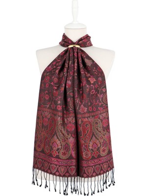 Bursa İpek Siyah Fuşya Jamawar Dokuma Ipek Fular