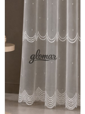 Glomar Eteği Nakışlı Nokta Desenli 1/3  Pileli Tül Perde Her Odaya Uygun Korniş Düğmeli Hazır Tül