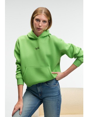 Ethiquet Melurea Kadın Nakışlı Kapüşonlu Comfort Fit Fıstık Yeşili Sweatshirt