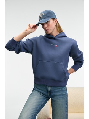 Ethiquet Melurea Kadın Nakışlı Kapüşonlu Comfort Fit Koyu Mavi Sweatshirt