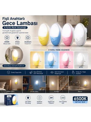 Sakin Enerji Fişli Anahtarlı LED Gece Lambası – 2W 6500K Beyaz Işık
