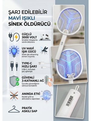 Segy Home TYPE-C Şarjlı UV Işıklı Sinek Öldürme Raketi Şarj Göstergeli Kendiliğinden Askılı Elektrikli Sinek Kovucu Güvenli Kullanım