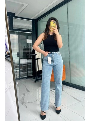 Büşra Ayhan Sim Detaylı Jean Pantolon –  Yüksek Bel Denim Buz Mavi - 40