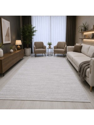 Woomino Modern Yatay Çizgili Akrilik Dokuma Salon Halısı Saçaklı