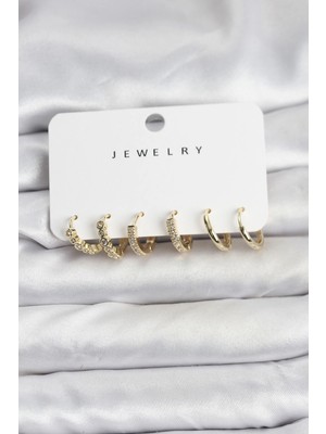 Renas Store Gold Renk Pirinç Zirkon Taşlı Kadın Küpe Seti