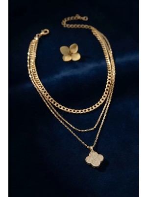 Renas Store Gold Renk Pirinç Yonca Detaylı Kadın Kolye Kombini TJ-BKO11155