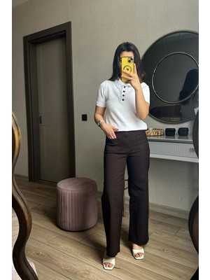 Büşra Ayhan Yüksek Bel Geniş Paça Jean Pantolon Kahverengi - 36