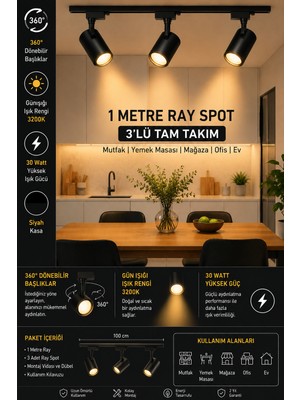 ZMR 1 Metre 30 Watt Siyah Kasa Günışığı 3200K Ray Spot Seti Tam Takım 3 Adet Spot Dahil