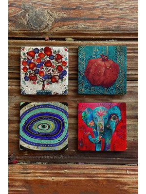 St. Morritz Taş Bardak Altlığı Stone Coasters - 4lü Set Nar Ağacı ve Fil ve Nazar Göz
