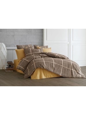 TeknoKapsül Lüks%80 Pamuklu Çift Kişilik Nevresim Takımı Seti Yorgan Kılıfı Love Kalp Desen 200X220 cm + Lastikli Battal Boy Çarşaf 180X200X30 cm +2 Yastık Kılıflı 50X70 cm (Kahverengi, Kareli)