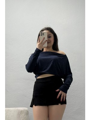 Belendir Kadın Omuz Düşümlü Asimetrik Bluz Lacivert