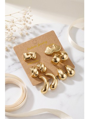 Aslanoğlu Store Metalik Kaplama Gold Renk Ccb 6 Çift Kadın Küpe Seti