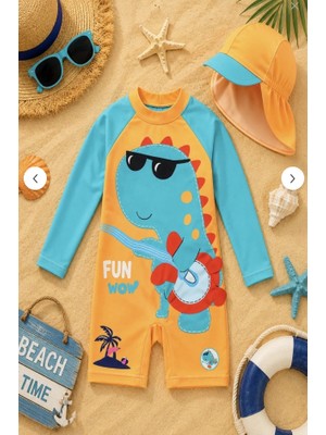 Neat Kids Erkek Çocuk Dinazor Şapkalı Fermuarlı Uzun Kollu 2 Parça Mayo