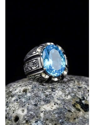 Takıdepo Erzurum Kalemkar Usta Işçiliği Mavi Topaz Zirkon Taşlı Erkek Yüzük