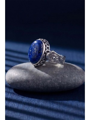 Takıdepo Gravür Desen Işlemeli Oval Doğal Lapis Lazuli Taşlı El Işi Erkek Gümüş Yüzük