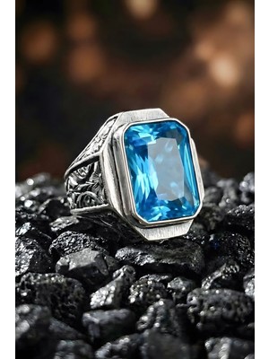 Takıdepo Erzurum Kalem Işçiliği Mizan Model Mavi Topaz Zirkon Taşlı Erkek Yüzük