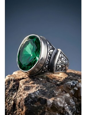 Takıdepo Erzurum Kalem Işçiliği Sultan Model Zümrüt Zirkon Taşlı Erkek Yüzük