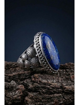 Takıdepo Büyük Boy Lapis Lazuli Taşlı Özel Tasarım Erkek Gümüş Yüzük