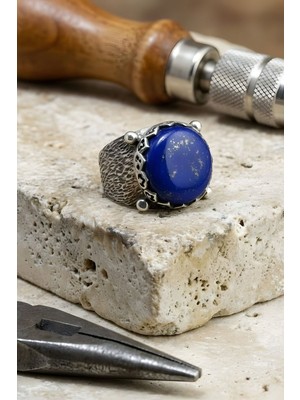 Takıdepo Ağaç Kabuğu Model El Işi Lapis Lazuli Taşlı Gümüş Yüzük