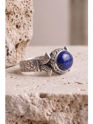 Takıdepo Yan Oval Katre Model Lapis Lazuli Taşlı Gümüş Erkek Yüzük