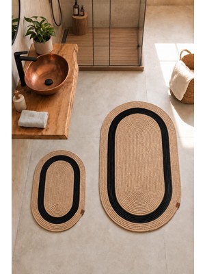 Jüt ve Hasır Paspas, Banyo Paspas Takımı, 2'li Set 60X100CM ve 40X60CM, Su Emici, Oval Halı