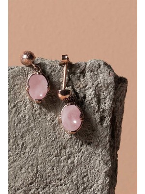 Takıdepo Pembe Kuvars Taşlı Minimal Gümüş Kadın Küpe