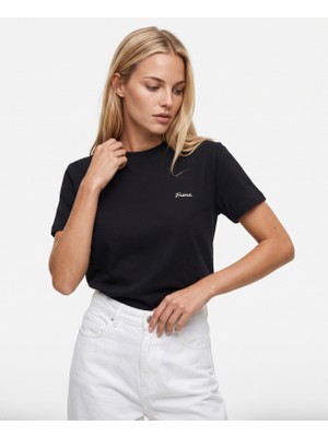 Frena Kadın Dekoratif Yaka Tok Doku Nakış Detaylı %100 Pamuk Siyah T-Shirt