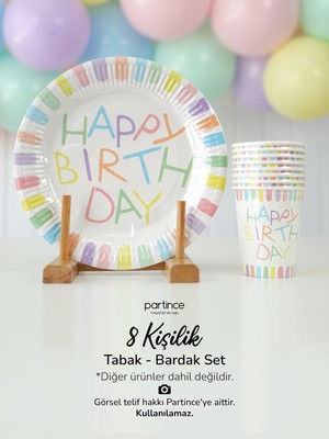 Partince 8 Kişilik Makaron Happy Birthday Tema Tabak Bardak Set Kullan At Karton Tabak Bardak Parti Seti