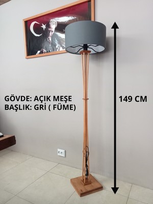 Balsa Dekor Açık Meşe Ahşap Lambader-Gri Kumaş Başlıklı Köşe Lambası