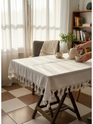 DNR %100 Pamuk Geleneksel Kara Tezgah Buldan Dokuma Püsküllü Fiskos Masası ve Kare Masa Örtüsü - 90X90 cm