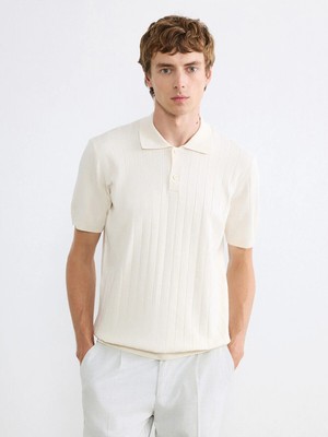 LC Waikiki Lcw Vision Ekru Polo Yaka Çizgili Erkek Triko Tişört