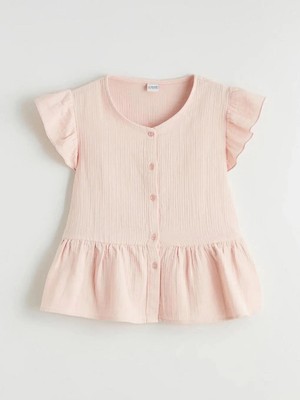LC Waikiki Lcw Kids Pembe V Yaka Fırfır Detaylı Müslin Kız Çocuk Gömlek