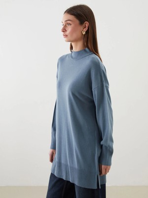 LC Waikiki Lcw Modest Mavi Dik Yaka Kadın Triko Tunik