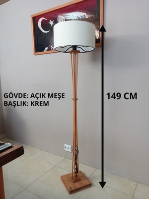 Balsa Dekor Açık Meşe Ahşap Lambader-Krem Kumaş Başlık-Anahtarlı Kablo
