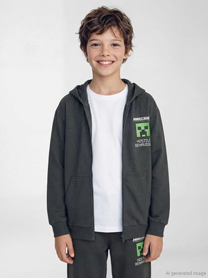 LC Waikiki Lcw Kids Antrasit Kapüşonlu Minecraft Baskılı Erkek Çocuk Fermuarlı Sweatshirt