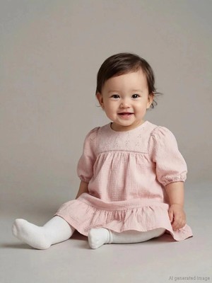 LC Waikiki Lcw Baby Pembe Nakışlı Bisiklet Yaka Balon Kollu Kız Bebek Elbise