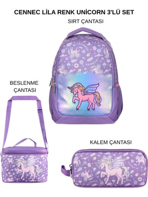 Ümit Çanta Cennec Lila Renk Unicorn Sırt Çantası – Beslenme Çantası – Kalem Çantası 3'lü Set